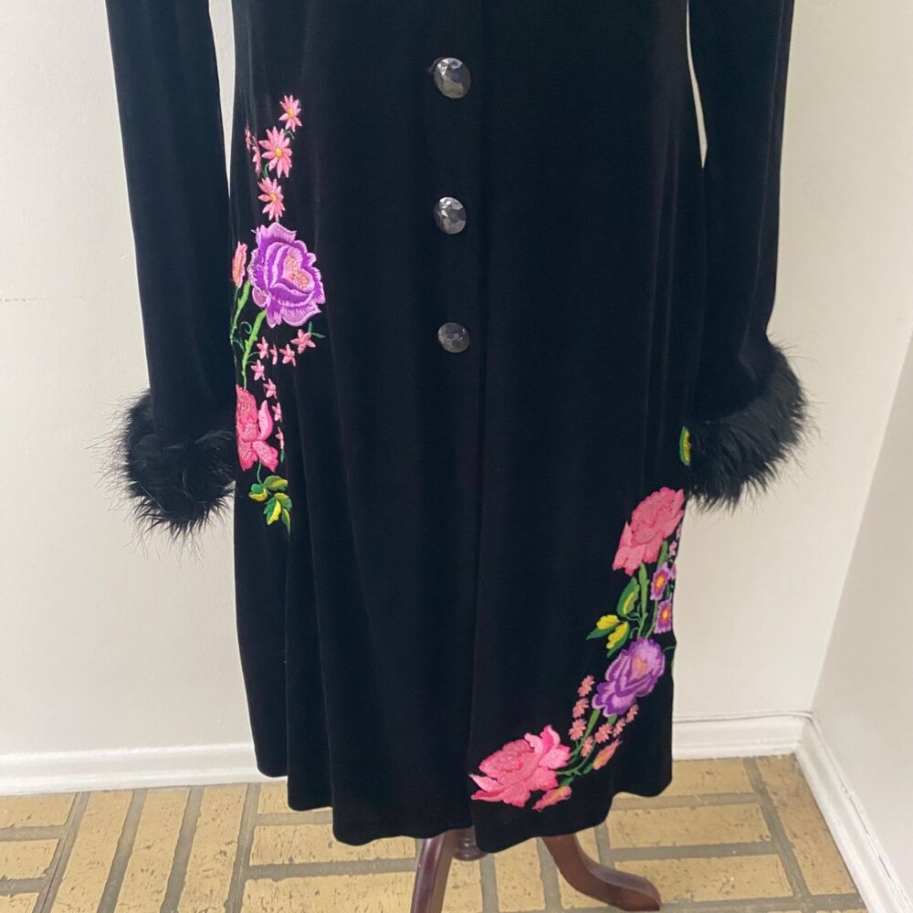 Vintage Betsey Johnson Velvet Floral Faux Fur Duster Jacket - Picture 4 of 13